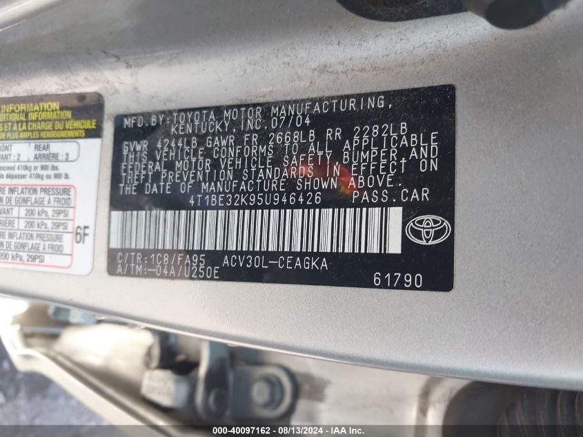 2005 Toyota Camry Xle VIN: 4T1BE32K95U946426 Lot: 40097162