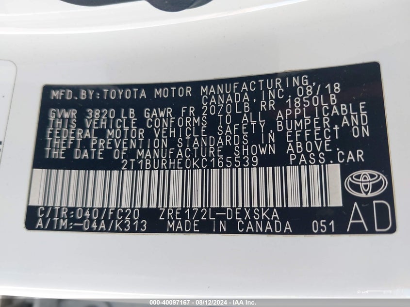 2019 TOYOTA COROLLA SE - 2T1BURHE0KC165539