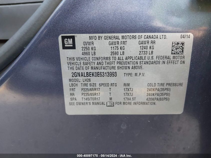 2014 Chevrolet Equinox 1Lt VIN: 2GNALBEK0E6313993 Lot: 40097175