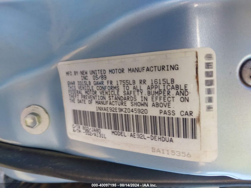 1989 Toyota Corolla Dlx VIN: 1NXAE92E9KZ045920 Lot: 40097195