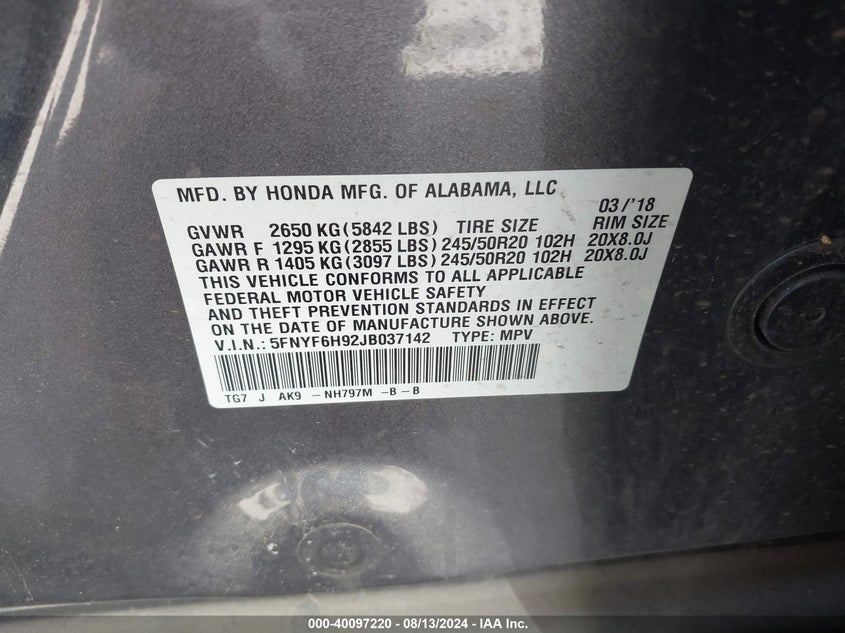 VIN 5FNYF6H92JB037142 2018 HONDA PILOT TOURING