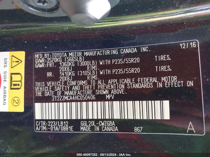 2017 Lexus Rx 350 VIN: 2T2ZZMCA4HC050406 Lot: 40097252