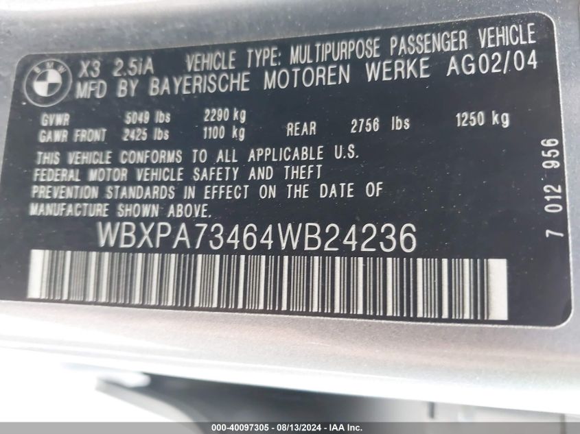 WBXPA73464WB24236 2004 BMW X3 2.5I