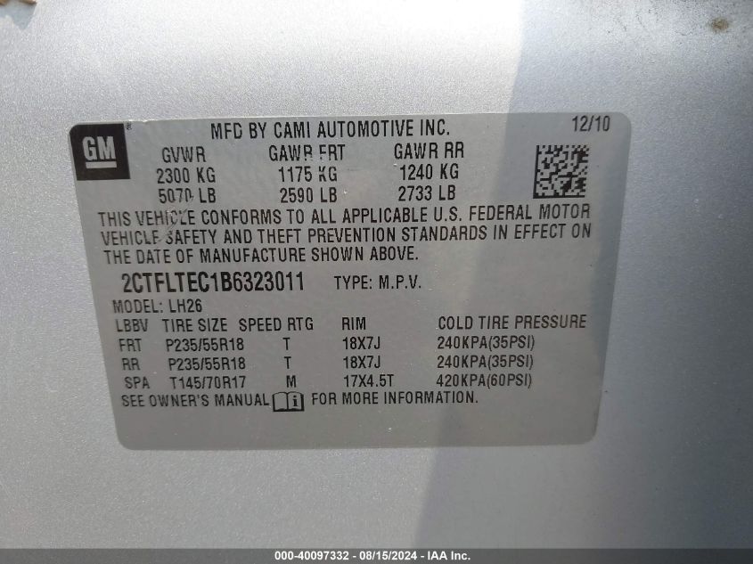 2011 GMC Terrain Sle-2 VIN: 2CTFLTEC1B6323011 Lot: 40097332