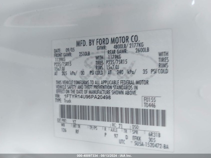 2006 Ford Ranger Sport/Stx/Xl/Xlt VIN: 1FTYR14U96PA20498 Lot: 40097334