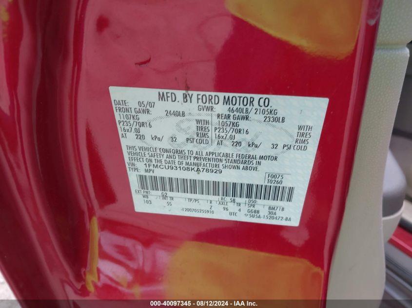 2008 Ford Escape Xlt VIN: 1FMCU93108KA78929 Lot: 40097345