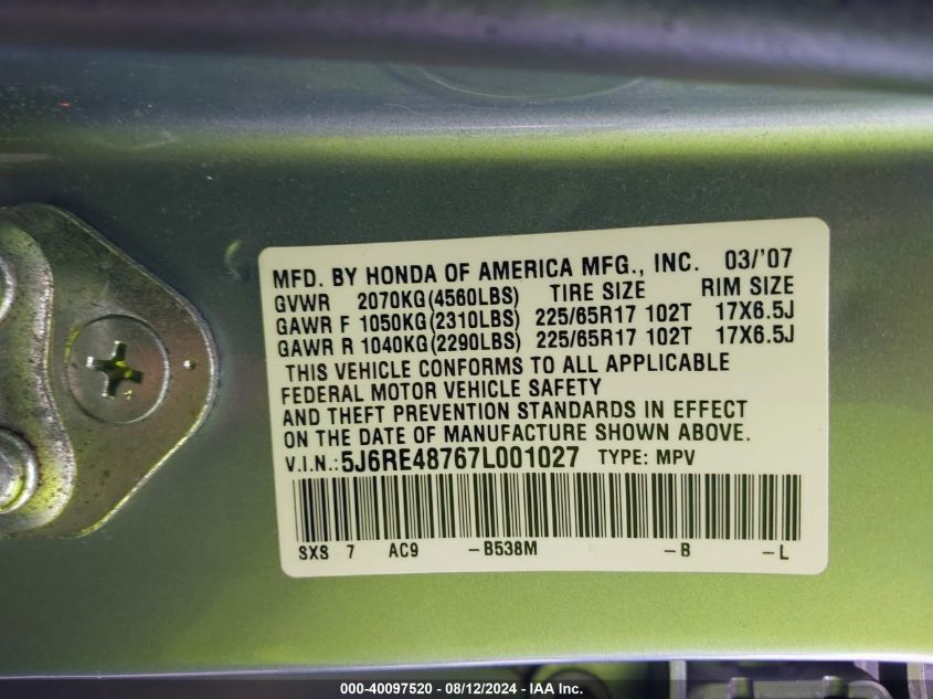 2007 Honda Cr-V Ex-L VIN: 5J6RE48767L001027 Lot: 40097520