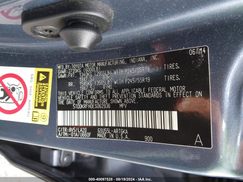 2014 Toyota Highlander Limited Platinum V6 VIN: 5TDDKRFH0ES062936 Lot: 40097528