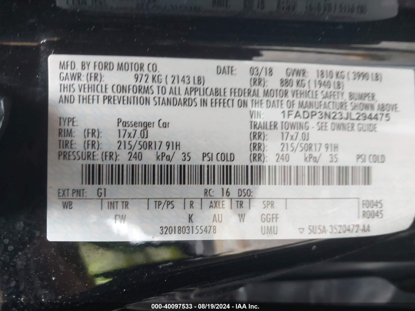 VIN 1FADP3N23JL294475 2018 FORD FOCUS TITANIUM