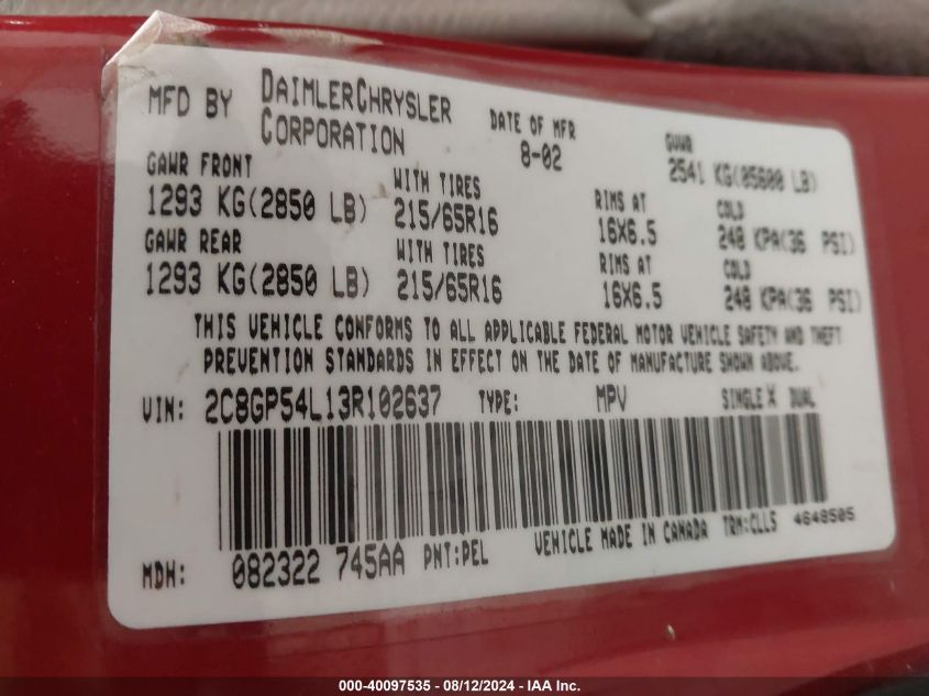 2003 Chrysler Town & Country Lxi VIN: 2C8GP54L13R102637 Lot: 40097535