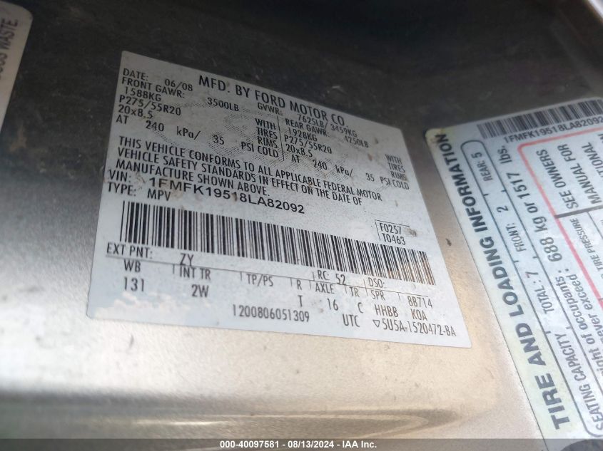 2008 Ford Expedition El Limited VIN: 1FMFK19518LA82092 Lot: 40097581