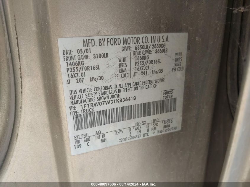 2001 Ford F150 Supercrew VIN: 1FTRW07W31KB36418 Lot: 40097606