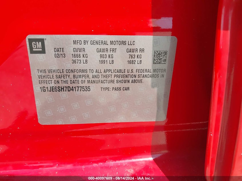 2013 Chevrolet Sonic Ltz Auto VIN: 1G1JE6SH7D4177535 Lot: 40097609