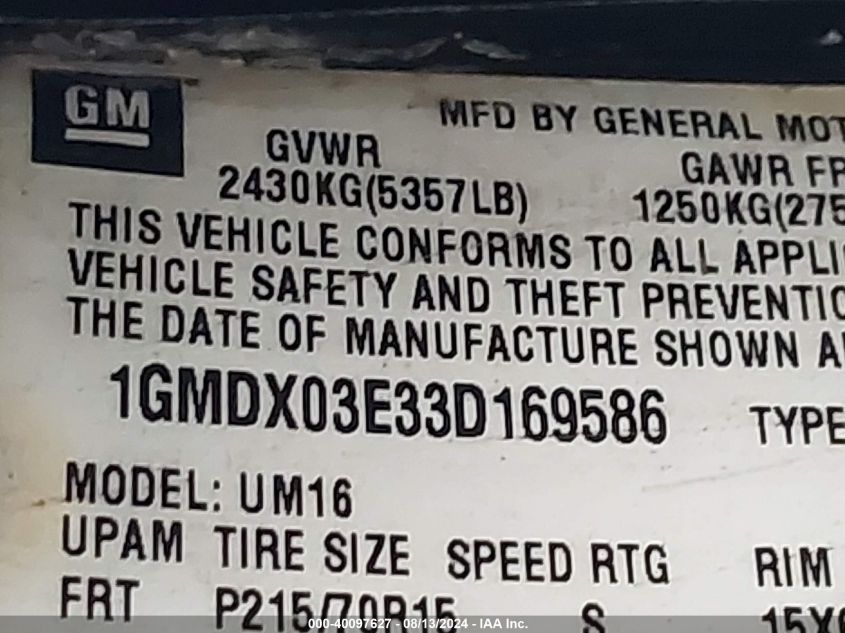 2003 Pontiac Montana VIN: 1GMDX03E33D169586 Lot: 40097627
