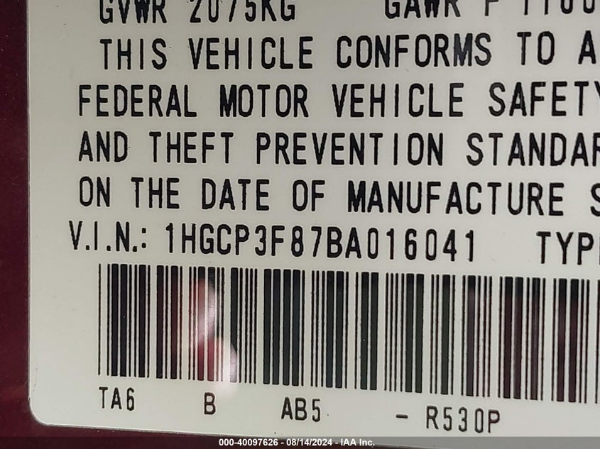 2011 Honda Accord Exl VIN: 1HGCP3F87BA016041 Lot: 40097626