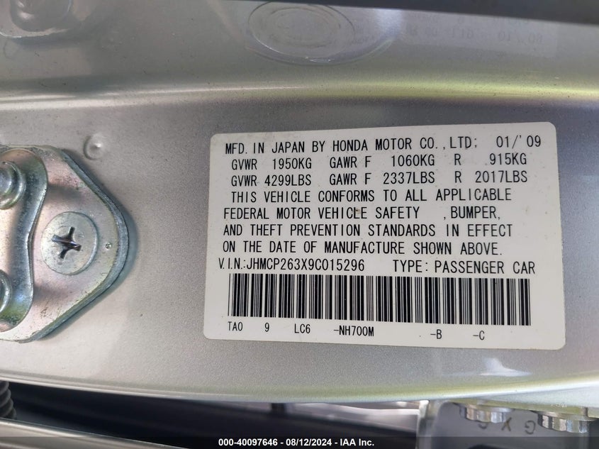 2009 Honda Accord 2.4 Lx VIN: JHMCP263X9C015296 Lot: 40097646