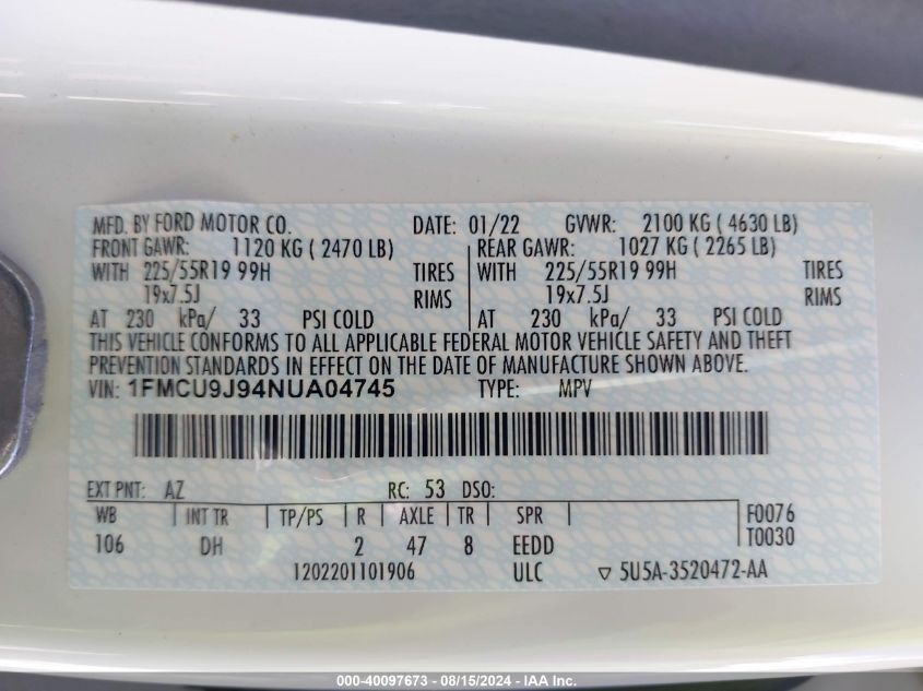 VIN 1FMCU9J94NUA04745 2022 FORD ESCAPE no.9