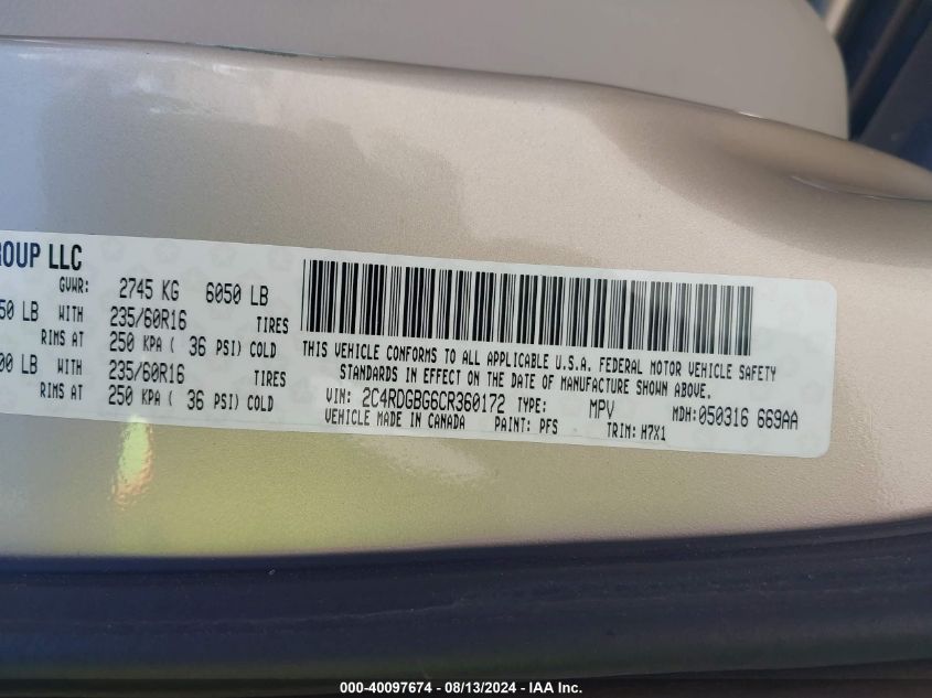 2012 Dodge Grand Caravan Se/Avp VIN: 2C4RDGBG6CR360172 Lot: 40097674