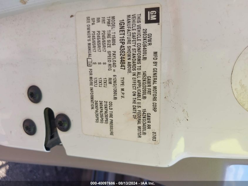 2003 Chevrolet Trailblazer Ext Ls VIN: 1GNET16P436244847 Lot: 40097686