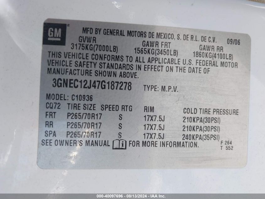 2007 Chevrolet Avalanche 1500 Lt VIN: 3GNEC12J47G187278 Lot: 40097696