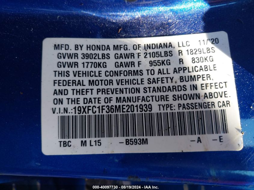 2021 Honda Civic Ex VIN: 19XFC1F36ME201939 Lot: 40097730