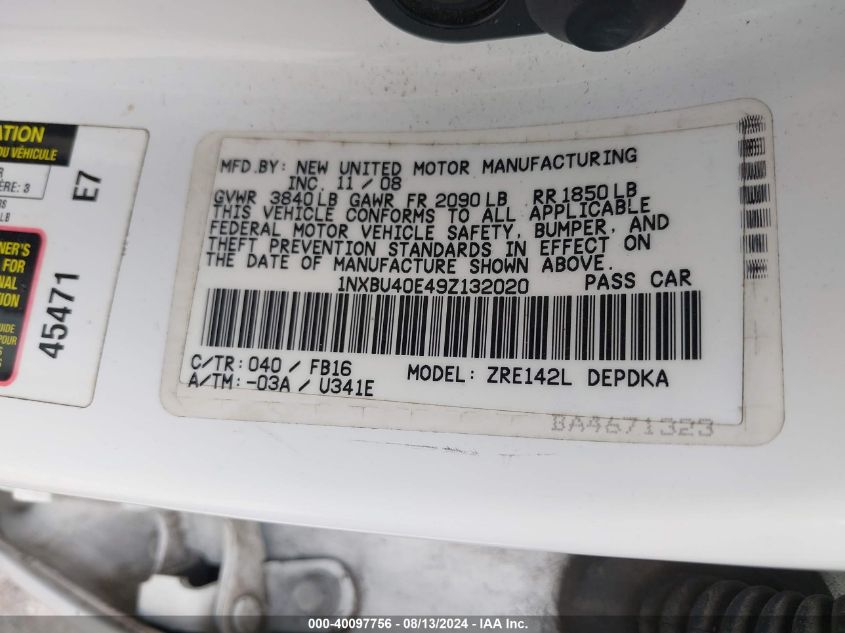 2009 Toyota Corolla Le VIN: 1NXBU40E49Z132020 Lot: 40097756