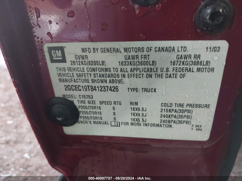 2004 Chevrolet Silverado 1500 Ls VIN: 2GCEC19T841237426 Lot: 40097757