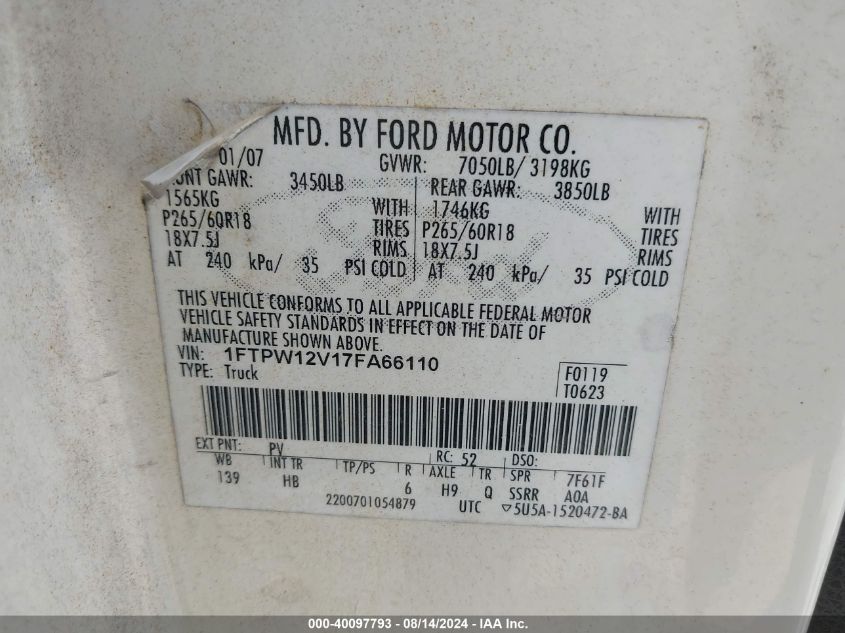 2007 Ford F-150 Lariat/Xlt VIN: 1FTPW12V17FA66110 Lot: 40097793