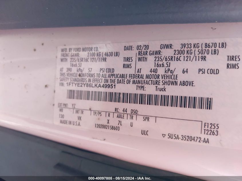 2020 Ford Transit-150 T-150 VIN: 1FTYE2Y86LKA49951 Lot: 40097805