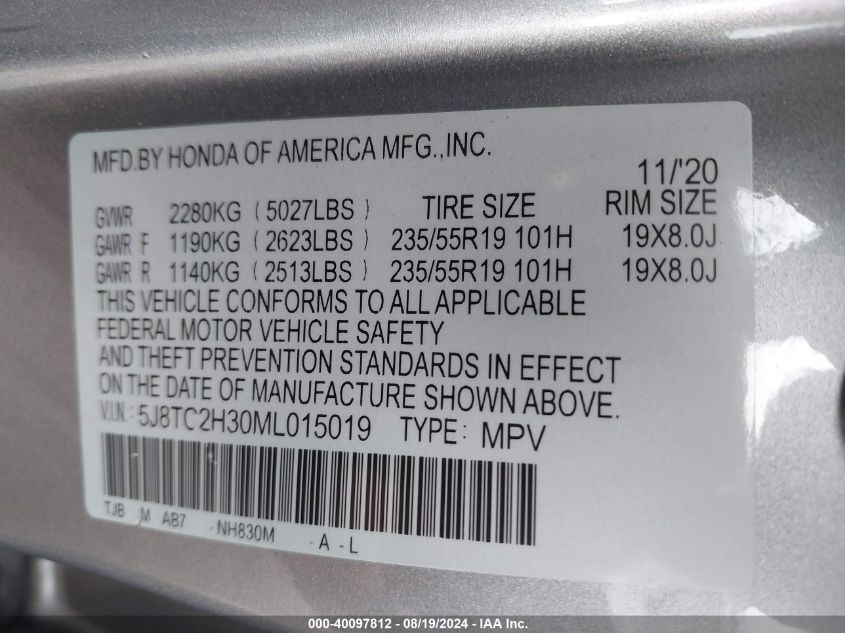 2021 Acura Rdx Standard VIN: 5J8TC2H30ML015019 Lot: 40097812