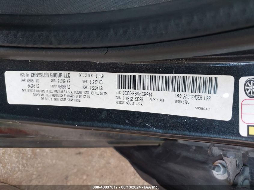 2010 Dodge Avenger Sxt VIN: 1B3CC4FB0AN230244 Lot: 40097817