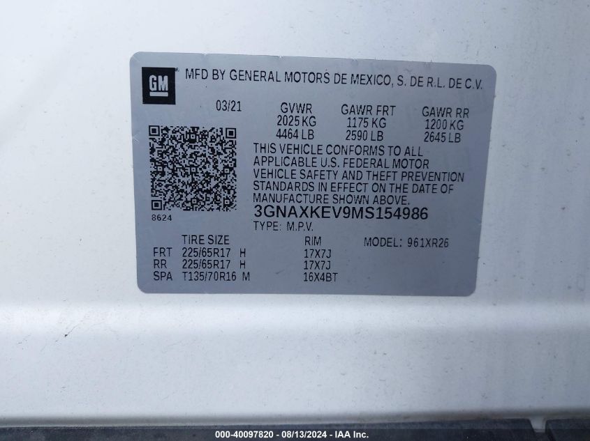 2021 CHEVROLET EQUINOX LT - 3GNAXKEV9MS154986