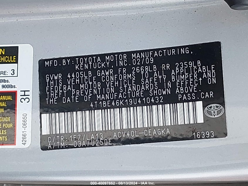 2009 Toyota Camry Se/Le/Xle VIN: 4T1BE46K19U410432 Lot: 40097852