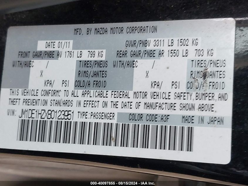 2011 Mazda Mazda2 VIN: JM1DE1HZXB0123951 Lot: 40097855
