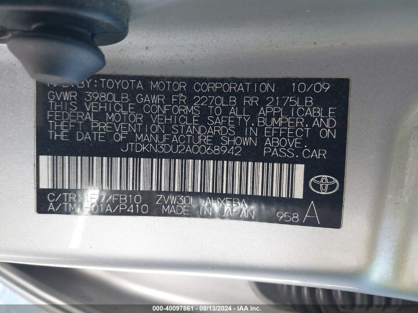 2010 Toyota Prius Ii VIN: JTDKN3DU2A0068942 Lot: 40097861