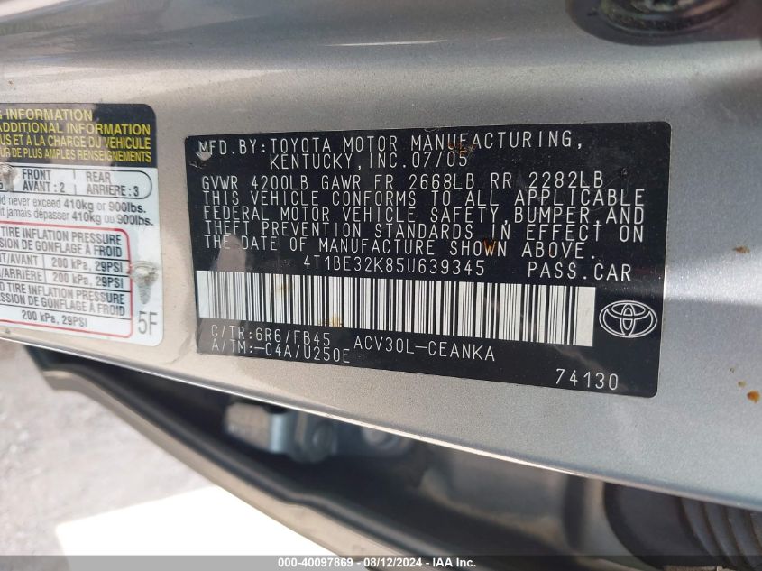 2005 Toyota Camry Le VIN: 4T1BE32K85U639345 Lot: 40097869