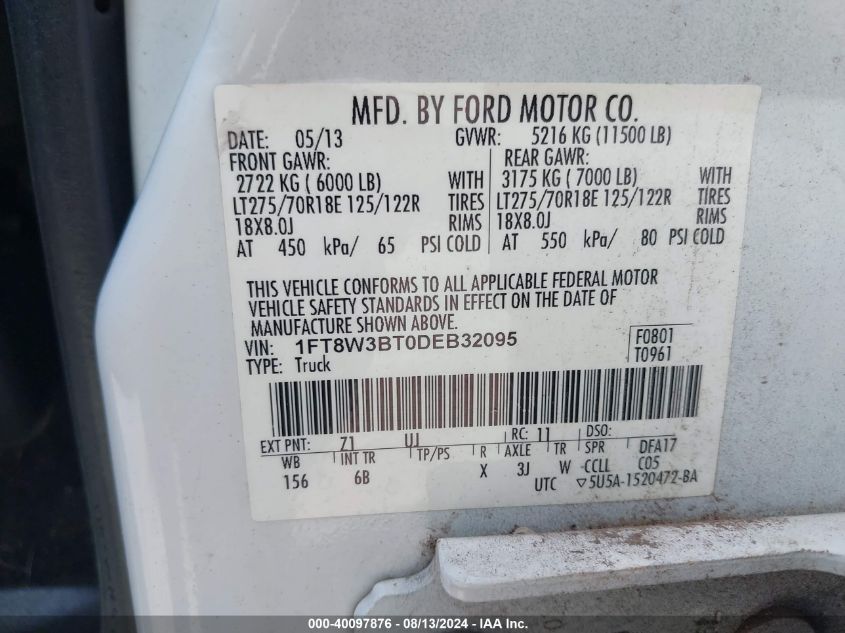 2013 Ford Super Duty F-350 Srw Platinum/Xl/Xlt/Lariat/King Ranch VIN: 1FT8W3BT0DEB32095 Lot: 40097876