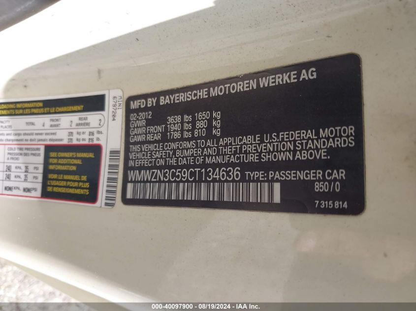 2012 Mini Cooper VIN: WMWZN3C59CT134636 Lot: 40097900