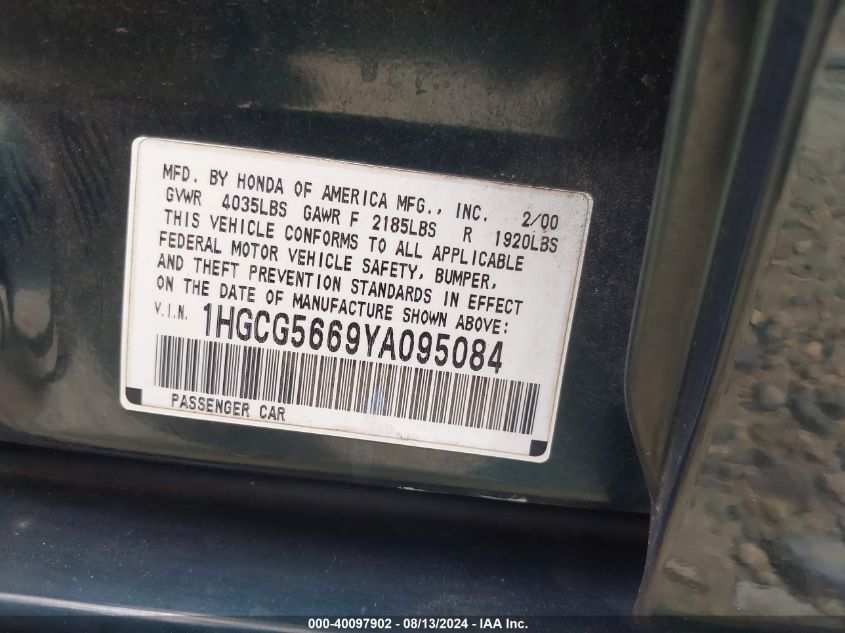 2000 Honda Accord 2.3 Ex VIN: 1HGCG5669YA095084 Lot: 40097902