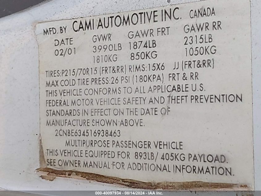 2001 Chevrolet Tracker Hard Top Lt VIN: 2CNBE634516938463 Lot: 40097934