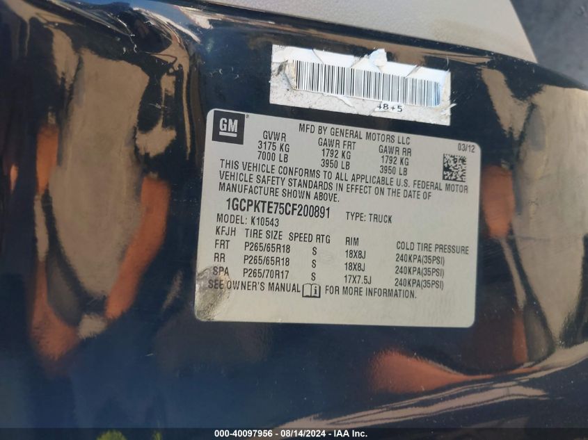 2012 Chevrolet Silverado 1500 Ltz VIN: 1GCPKTE75CF200891 Lot: 40097956