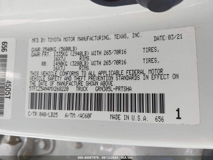 2021 Toyota Tacoma Trd Pro VIN: 5TFCZ5AN4MX268220 Lot: 40097976