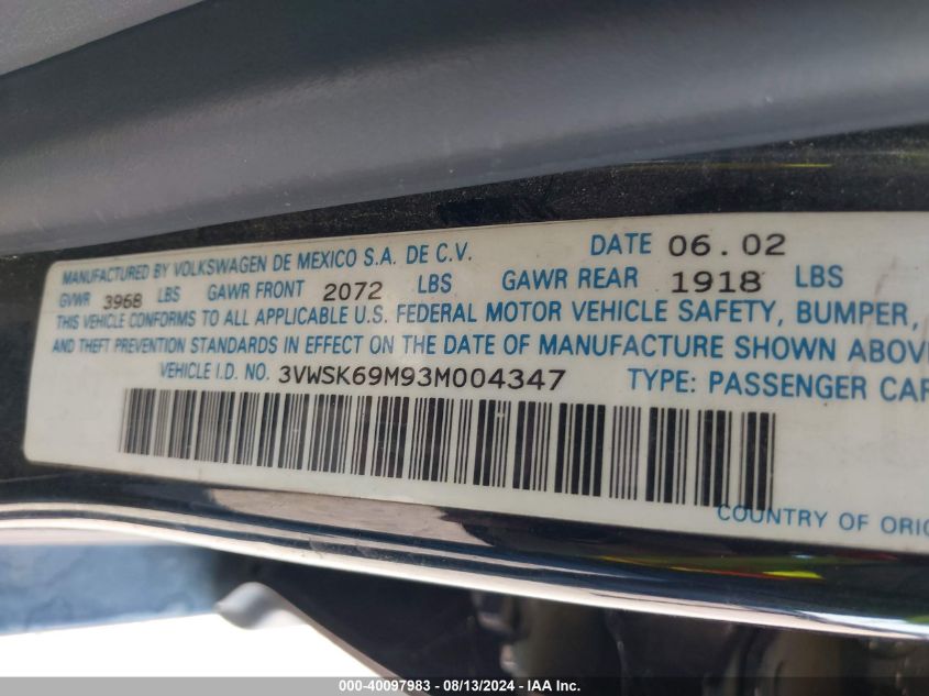 2003 Volkswagen Jetta Gls 2.0L VIN: 3VWSK69M93M004347 Lot: 40097983