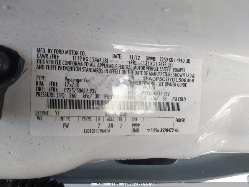 2013 Ford C-Max Premium VIN: 1FADP5CU7DL508498 Lot: 40098014