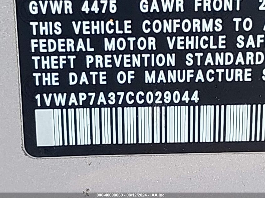 2012 Volkswagen Passat 2.5L S VIN: 1VWAP7A37CC029044 Lot: 40098060