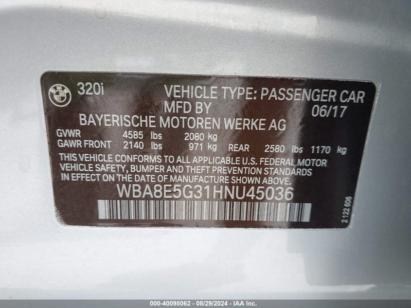 2017 BMW 320I XDRIVE - WBA8E5G31HNU45036