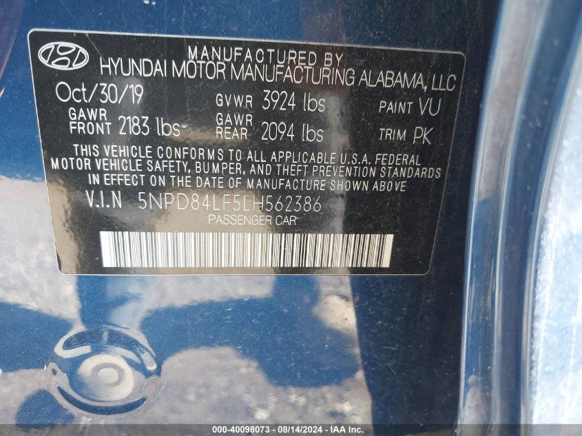 2020 Hyundai Elantra Sel VIN: 5NPD84LF5LH562386 Lot: 40098073