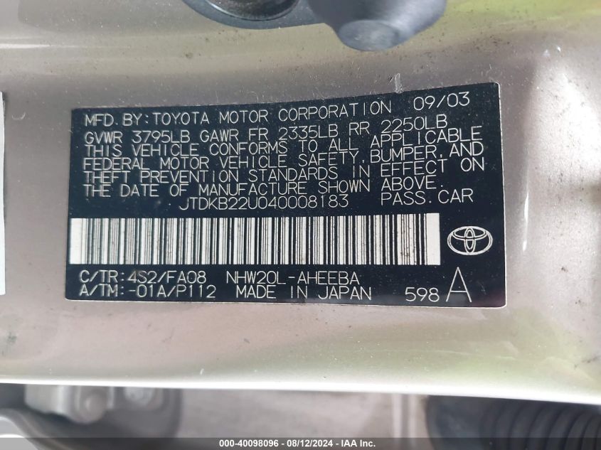 2004 Toyota Prius VIN: JTDKB22U040008183 Lot: 40098096