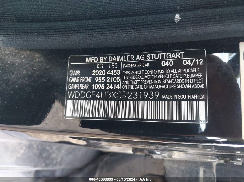 2012 Mercedes-Benz C 250 Luxury/Sport VIN: WDDGF4HBXCR231939 Lot: 40098099