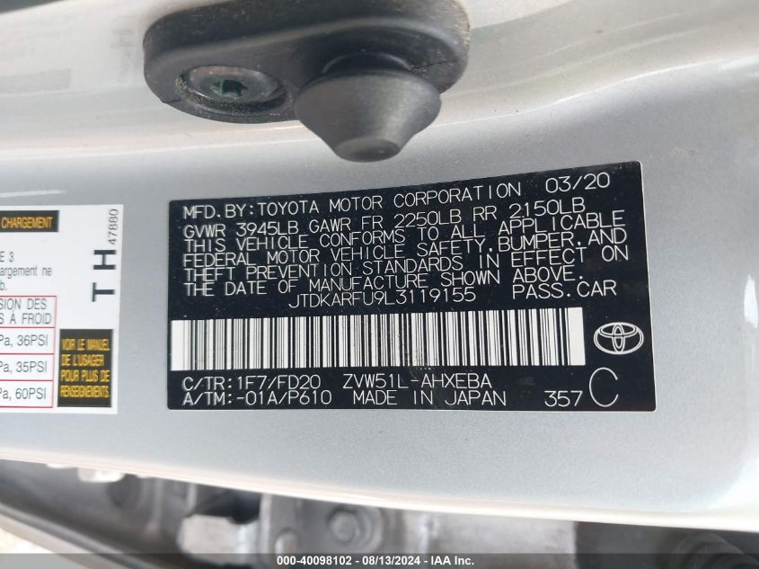 2020 Toyota Prius L/Le/Xle/Limited VIN: JTDKARFU9L3119155 Lot: 40098102